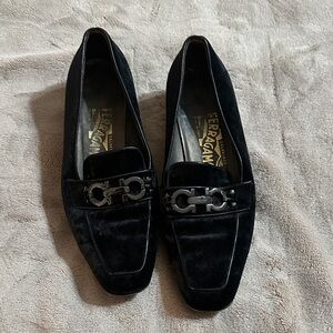 Salvatore Ferragamo Black Velvet Loafers with Silver Buckle